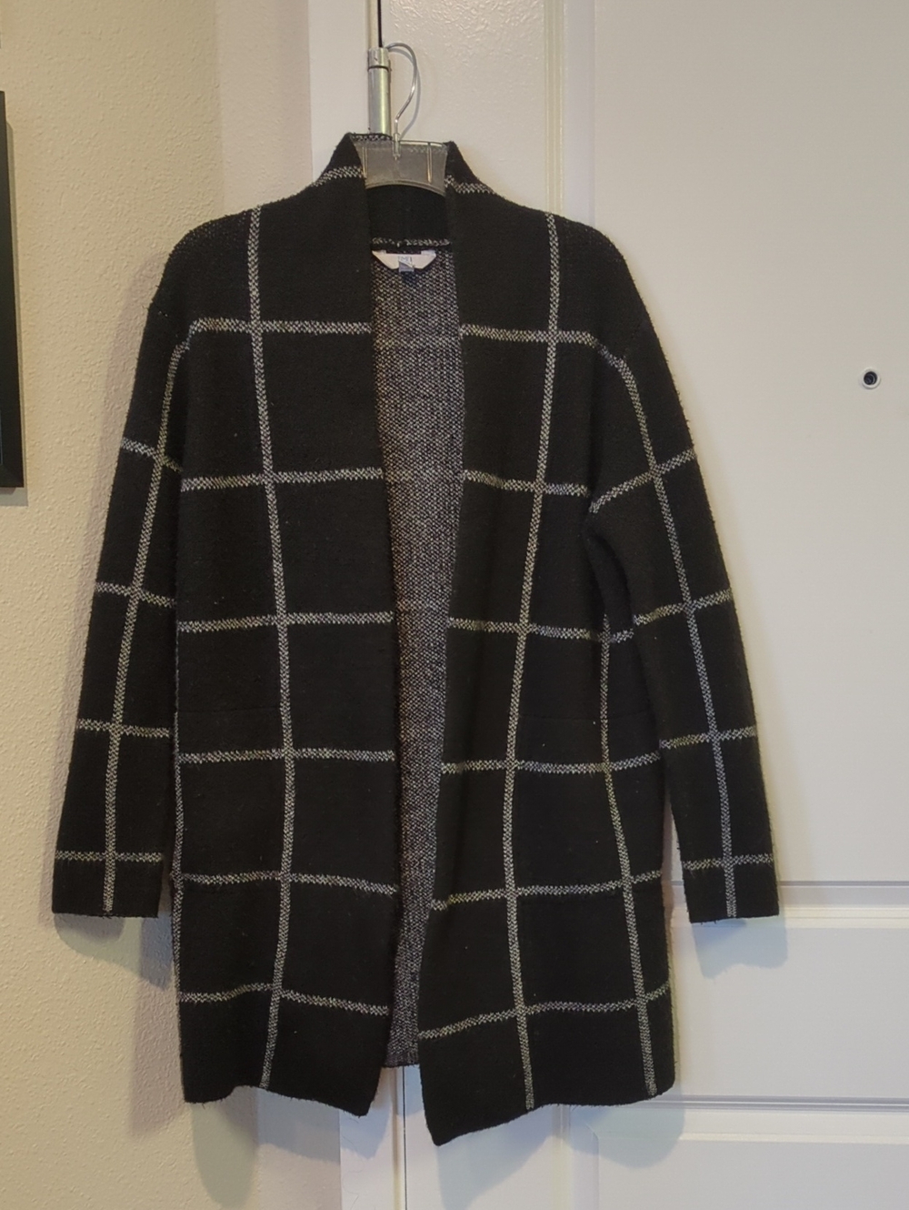 Time and Tru Black Open-Front Windowpane Cardigan